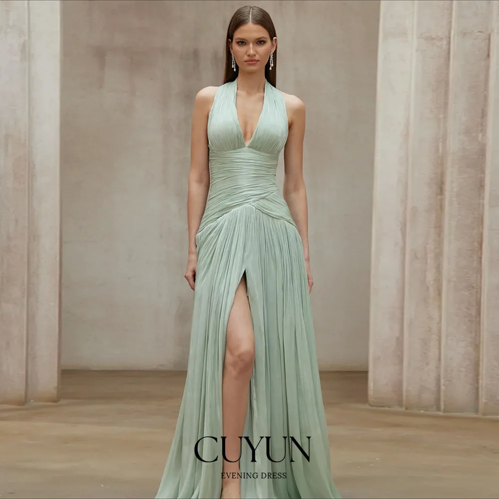 

CUYUN мятно-зеленые платья для выпускного вечера с глубоким v-образным вырезом, сексуальное вечернее платье с высоким разрезом, 2025 г., женские плиссированные вечерние платья трапециевидной формы по индивидуальному заказу