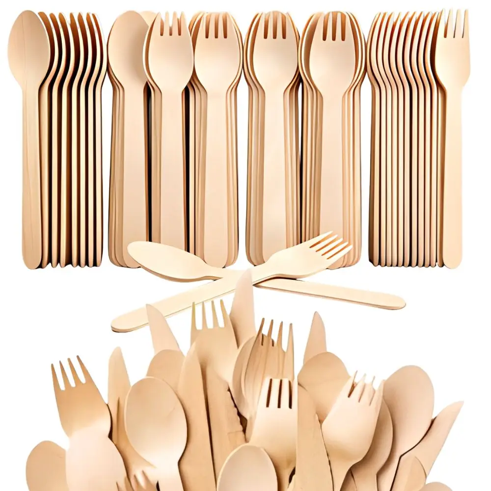 100pcs Disposable Wooden Spoons Forks Biodegradable Birch Wood Cutlery Party Picnic Tableware YMY