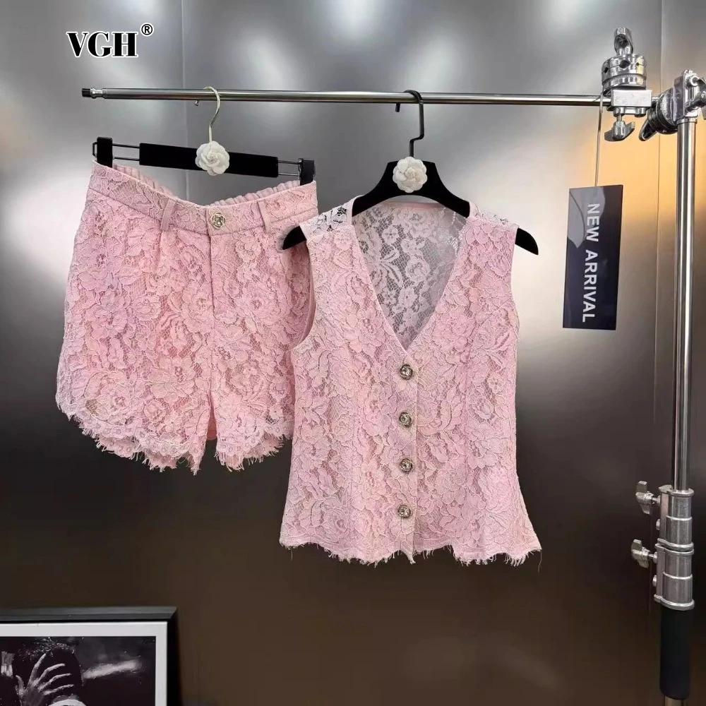 

VGH Office Elegant Two Piece Set for Women V Neck Sleeveless Vest High Waist Patchwork Lace Embroidery Shorts Suit Female Style