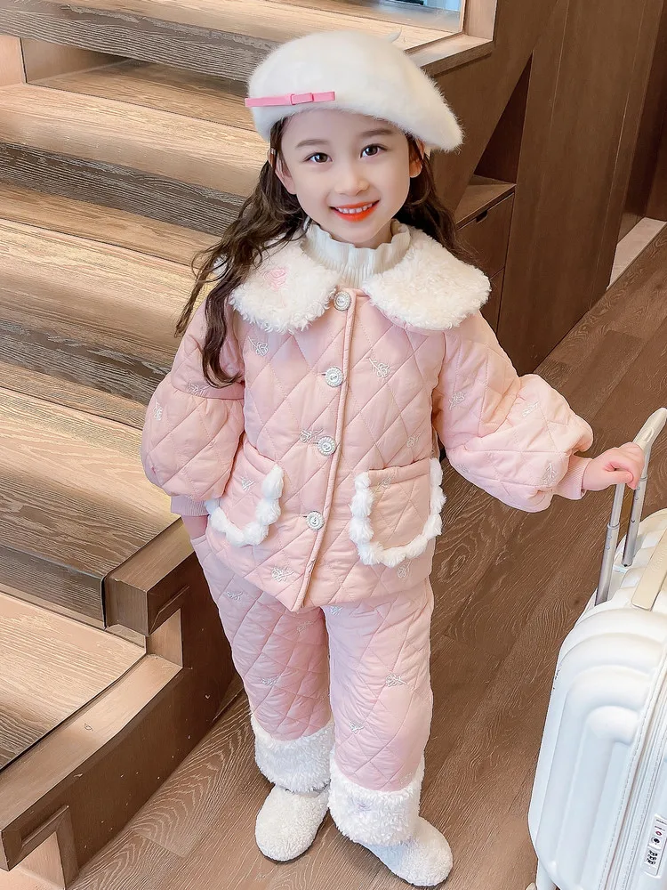 Pink Girls Winter Coat Set Flowers Embriodery Thick Warm Jacket Fleece Patchwork Pants 2Pcs Suit Girl Sweet Clothes Set