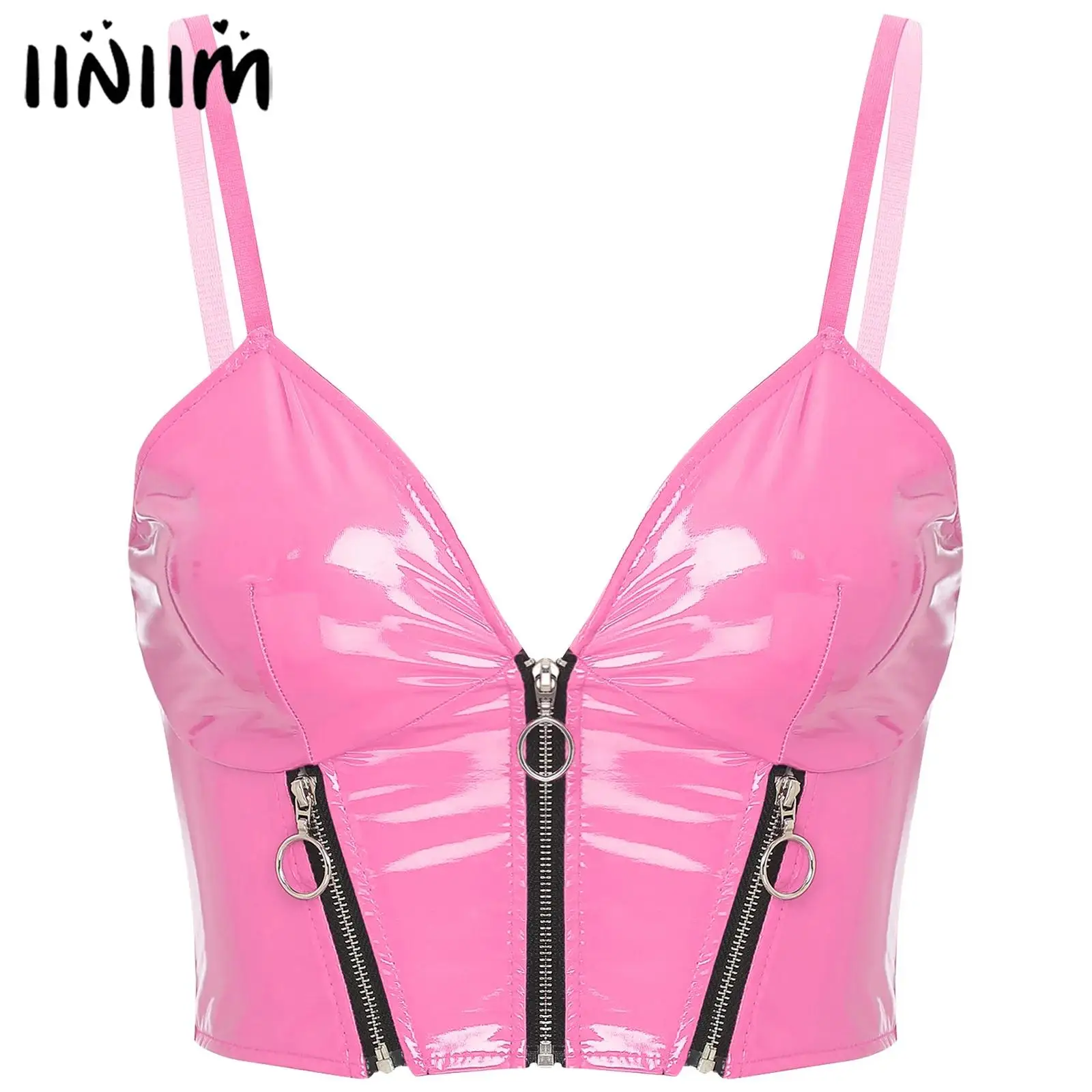 Womens Front Zipper Backless Sling Vest Crop Tops Slim Fit Sexy Camisole Rave Party Costume Glossy Patent Leather Tops Clubwear