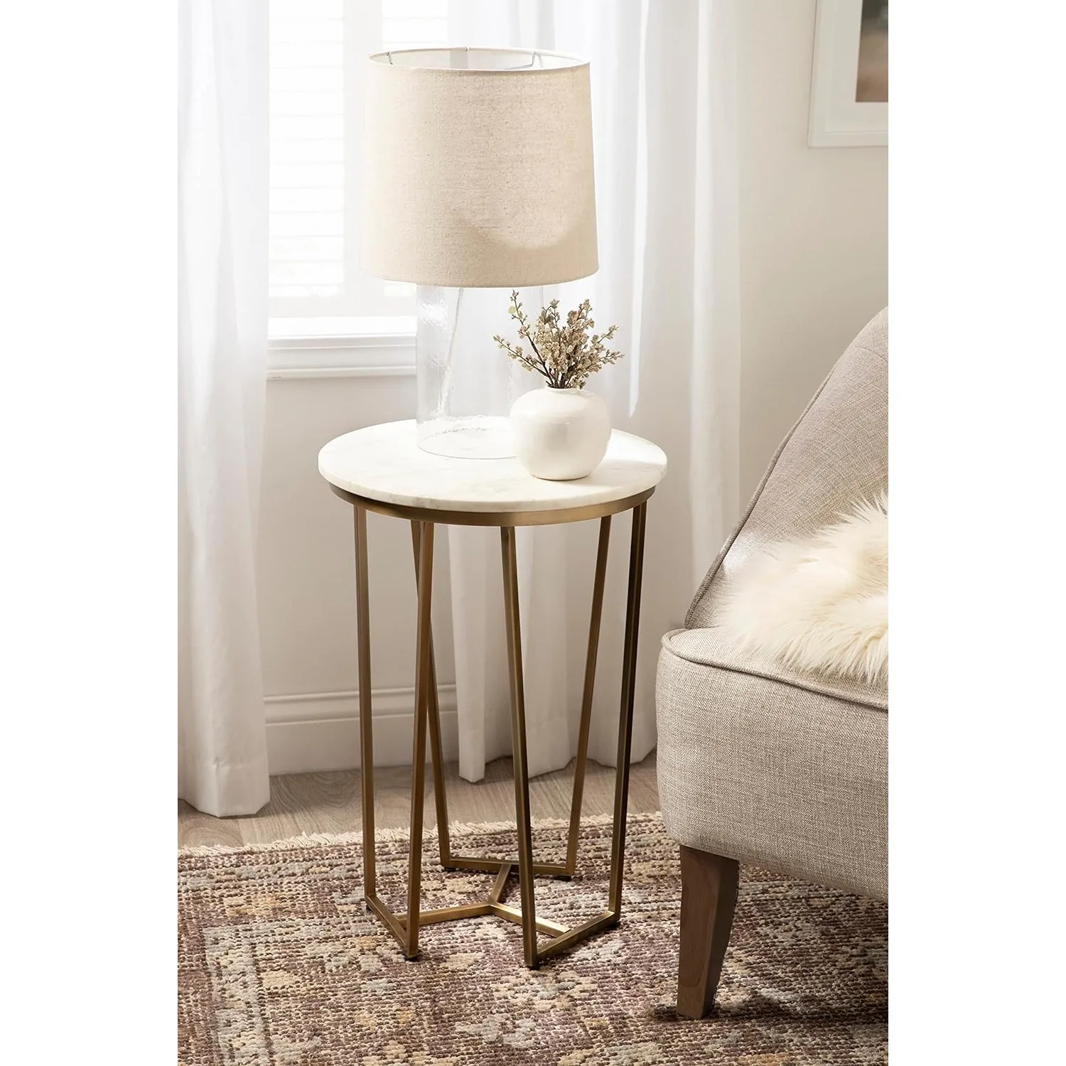 Solvay Round Metal and Marble Side Table, 16 x 16 x 24, White Marble and Antique Brass, Modern Glam