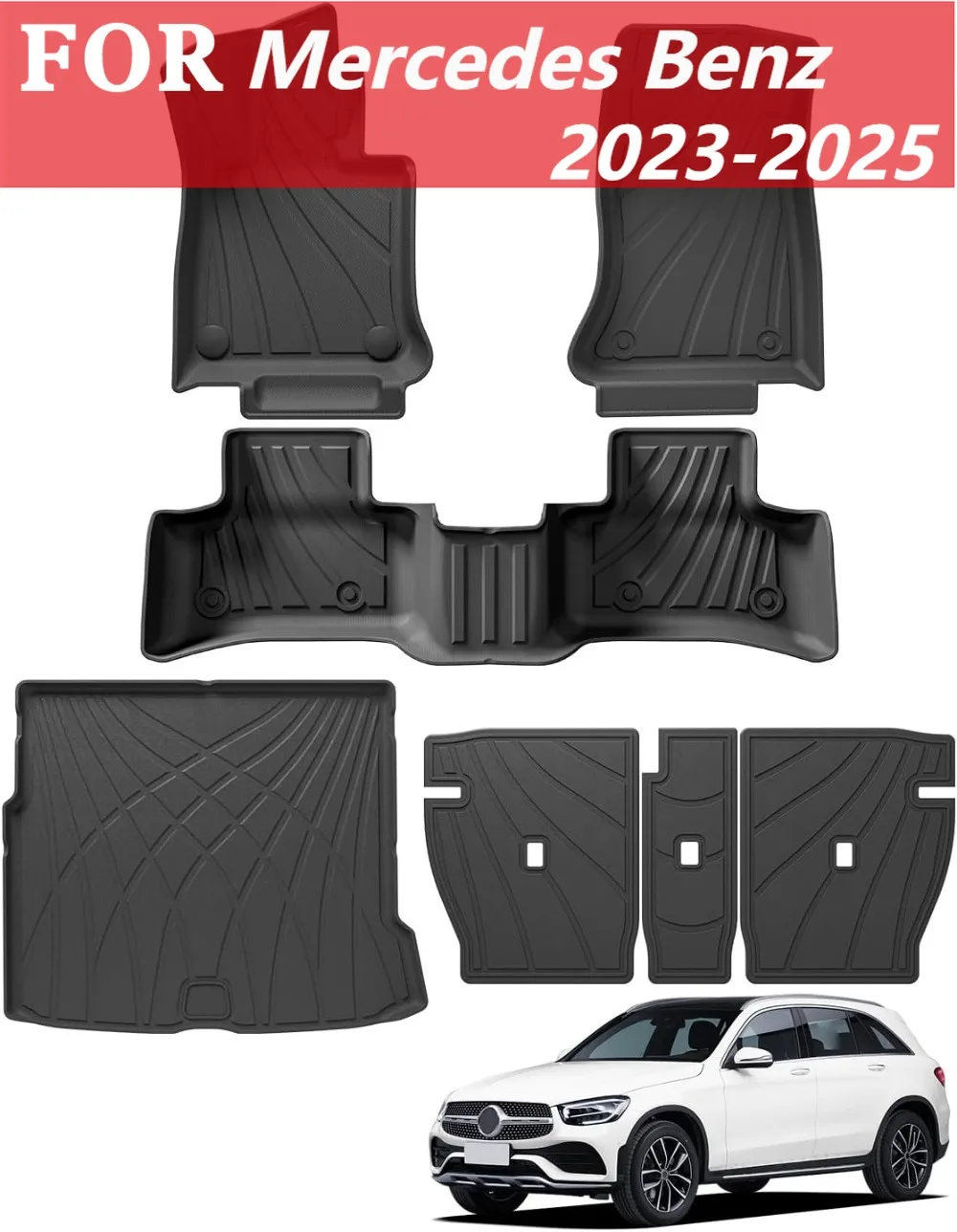 Коврики для Mercedes Benz GLC 300/350e/43 AMG 2023-2025 Всепогодные напольные вкладыши 1-й и 2-й ряд автомобильных ковриков из ТПЭ Интерьер черный