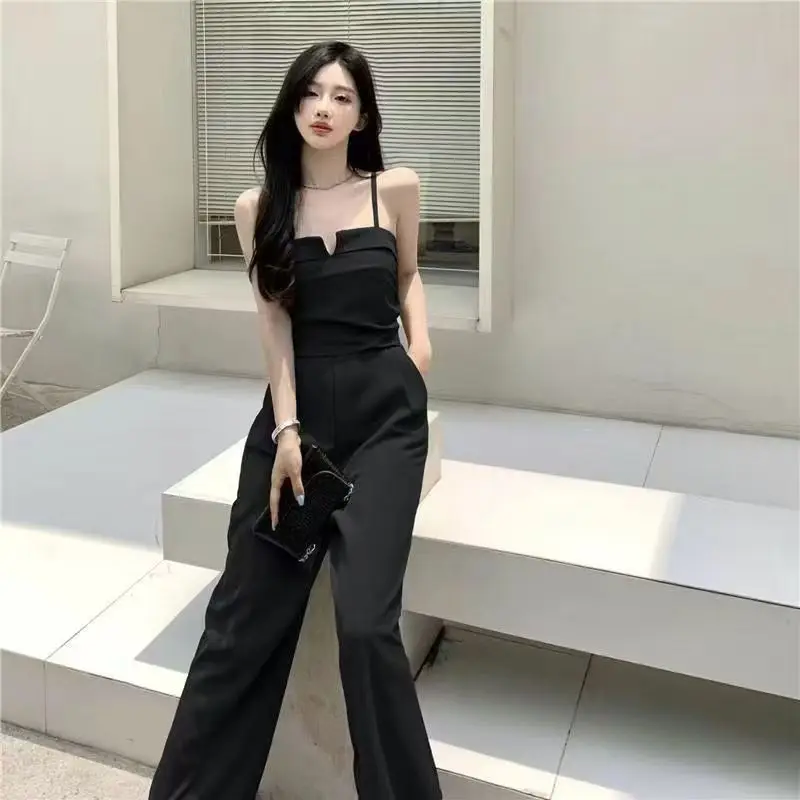 

French Style Strapless Spaghetti Strap Jumpsuit Women Summer Waist Cinching Petite Slimming Wide Leg Long Pants Designer