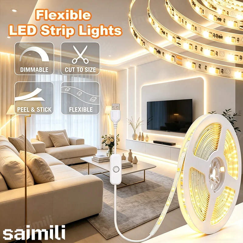 5V USB Flexible Cuttable LED Strip Light with Button Switch Adhesive Backing for TV Backlighting Cabinets Home Decor Lighting
