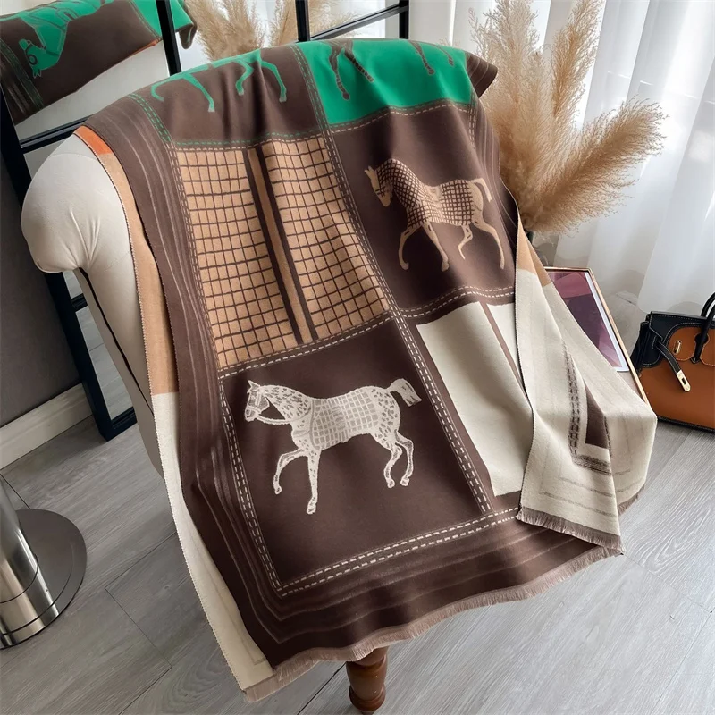 Poncho de cachemir con estampado de caballo para mujer, chal grueso de lujo, manta de Pashmina, Bufanda de viaje, Echarpe, invierno, 2024