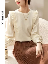 SENTUBILA French Knitted Sweaters for Women Elegant Crew Neck Office Lady Spliced Knitwear Tops Fashion Solid T Shirts 131H44886