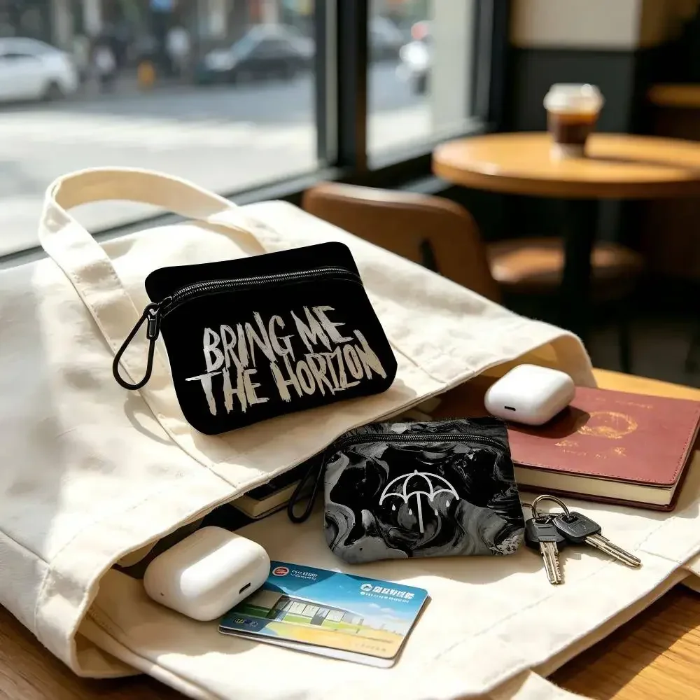 Heavy Metal Band Group B-M-T-H Cloth Coin Purse With Carabiner Hook Portable Key Card Wallet Small Zipper Storage Pouch