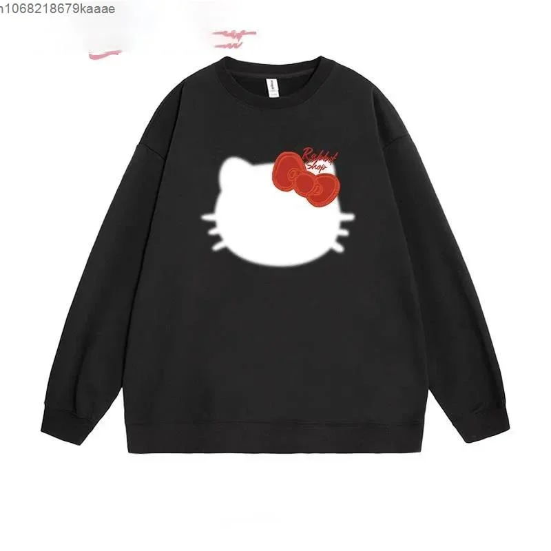 Hello Kitty Cute Round Sense Print Neck Hoodie For Women Cartoon Loose Fitting Pullover Commuting Korean Version Casual Top