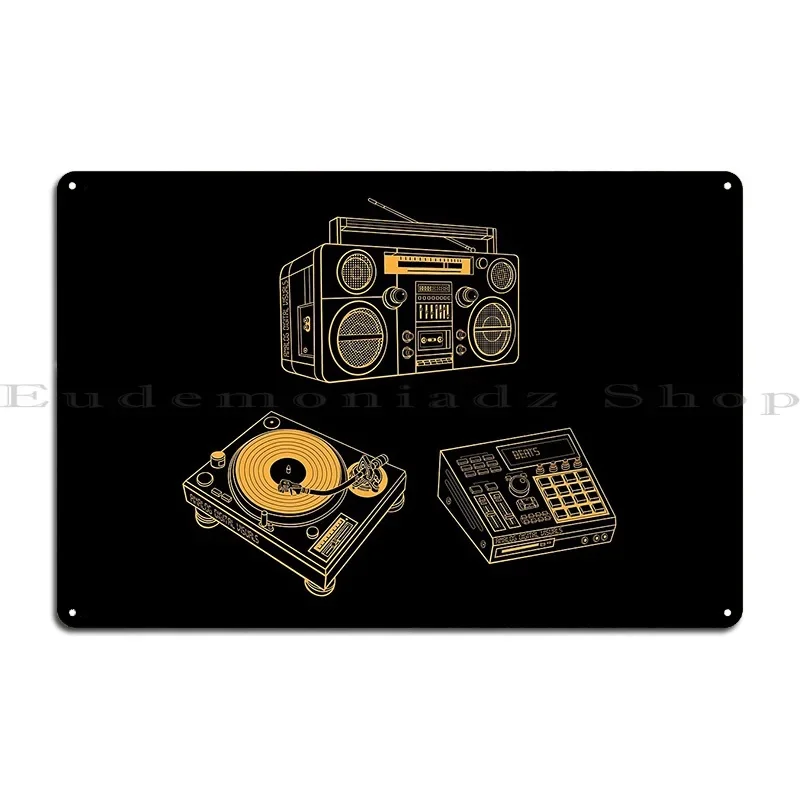Boombox Beat Maker Turntable Yellow Orange Lines Analog Music Metal Plaque Club Design Create Pub Mural Classic Tin Sign Poster