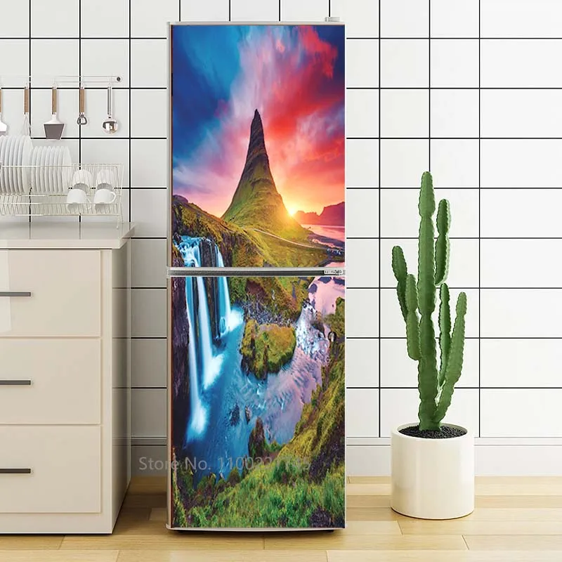 Green Plant Refrigerator Sticker Waterfall Wall Sticker Self Adhesive Vinyl PVC Waterproof For Kitchen Refrigerator Sticker