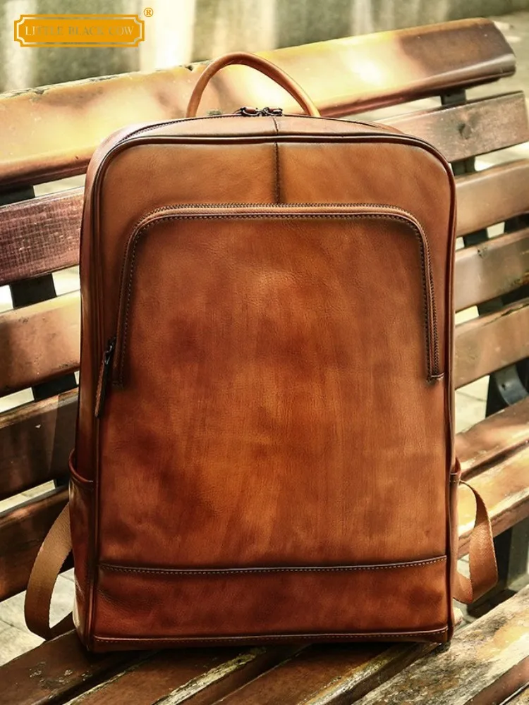 Vintage Mens Genuine Leather Backpack Designer Cowskin Business Casual Laptop Bag Zipper Solid Color Versatile Men Backpacks