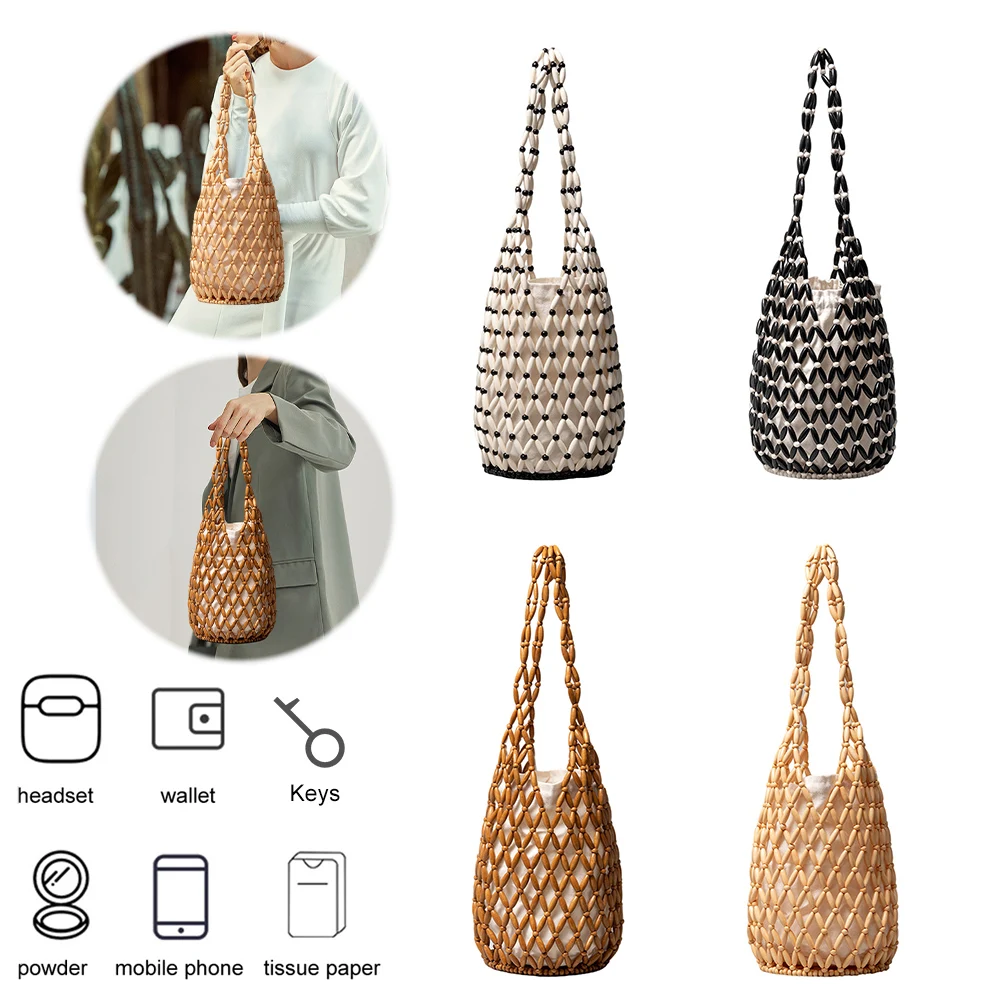 Wooden Beading Woven Hand Bag Hollow-out Tote Bag Handmade Beaded Shoulder Bag Casual Beach Handbag for Women