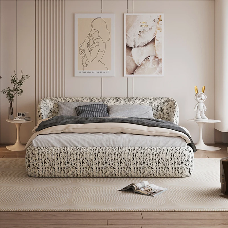 Floor Gray Nordic Luxury Bed Fabric Elegant Low Italian Safe Queen Bedroom Beds King Modern Villa Cama Casal Furniture Home