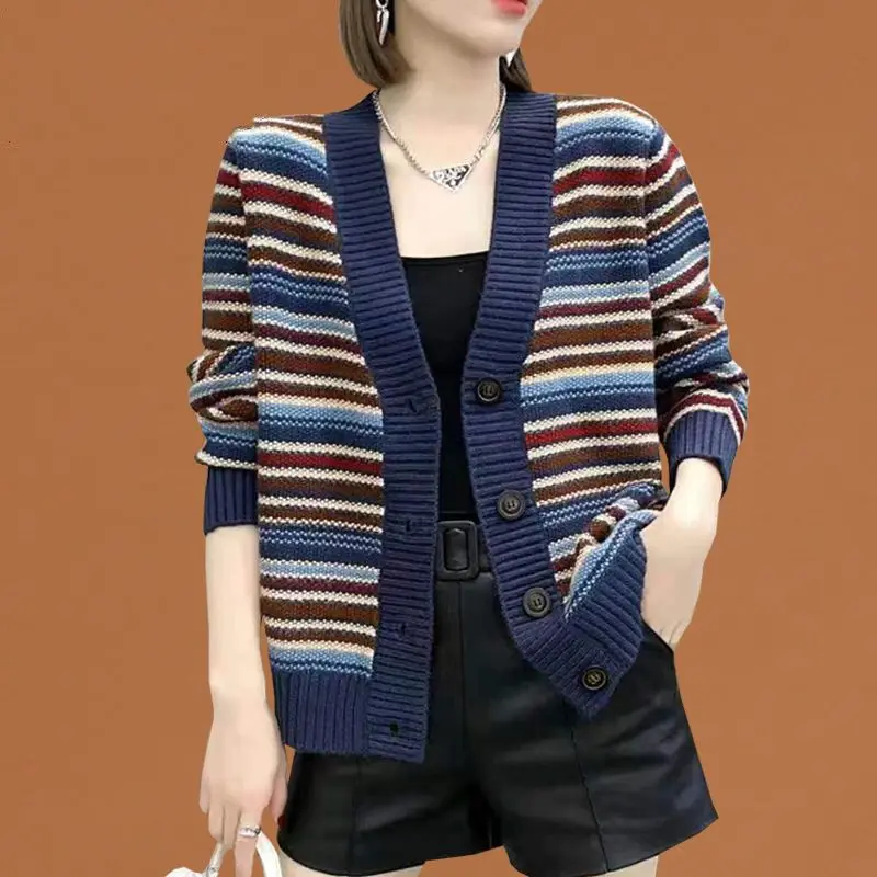 

Autumn winter new sweater knitted cardigan coat women stripes loose lazy fashion style all knitted sweater women