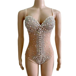 Nightclub Sexy Stage Black Nude Sparkly Rhinestones Pearl Bodysuit See Through Leotard Bar DJ Singer Team Jazz Dance Stage Wear