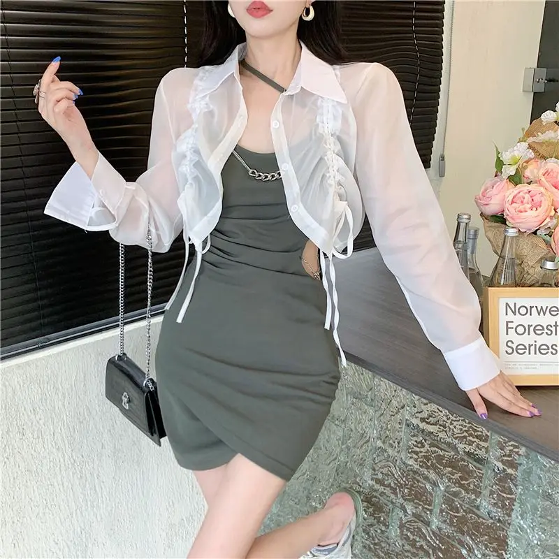 

Women's Summer Set Pleated Sling Dress Drawstring Long Sleeve Sun Protection Shirt Irregular Midriff Baring