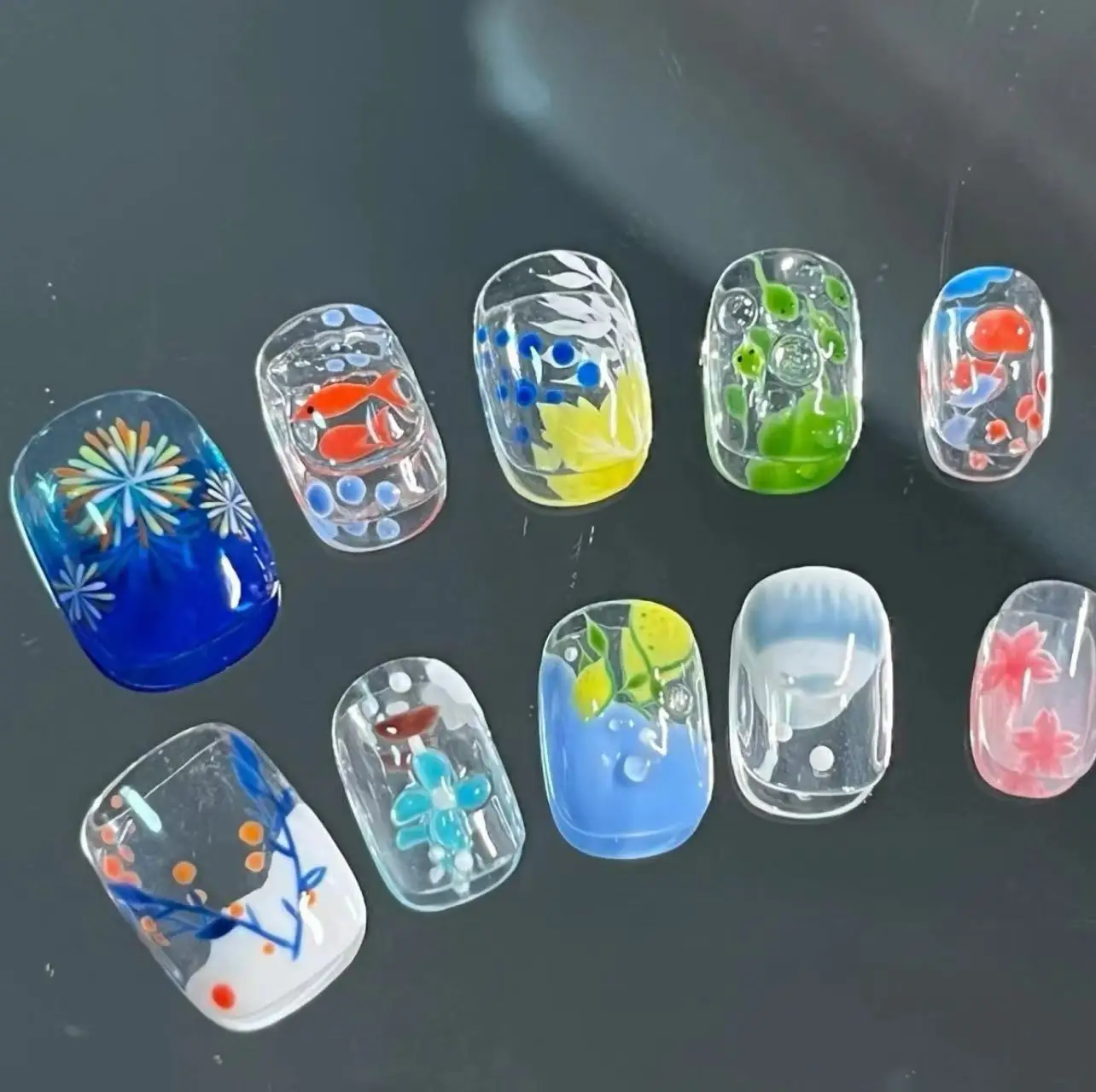 

Hand-painted summer style fresh and cute three-dimensional hand-made wearable nails clear short style detachable and reusable