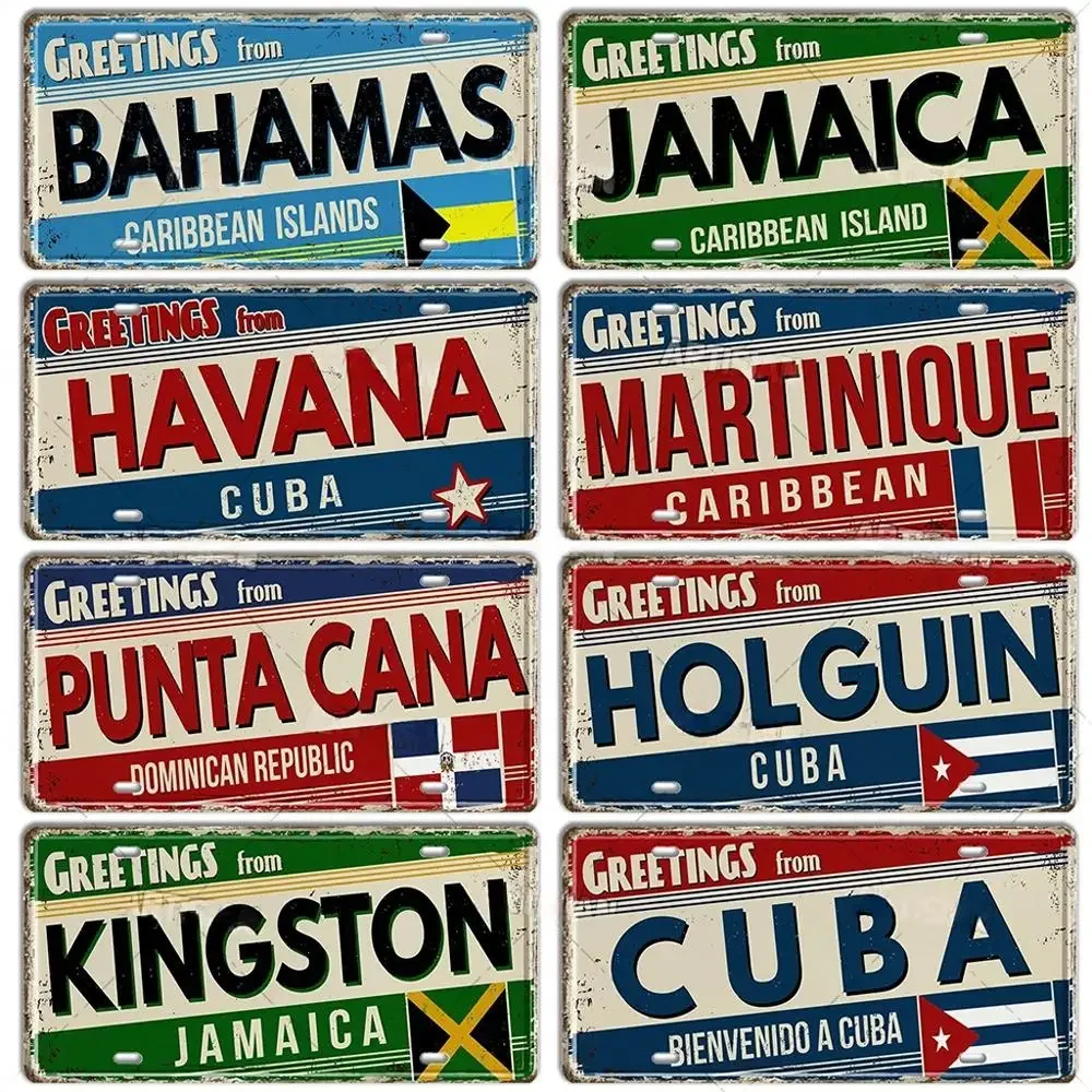 Cuba Jamaica Dominican Caribbean Bahamas Puerto Rico Landmark Aluminum Plate Greetings From City Metal Sign Bar Hotel Wall Decor