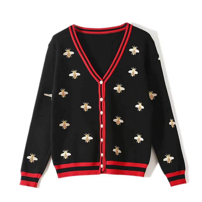 High Quality Fashion 2024 Vintage Bee Embroidery Knit Cardigan Long Sleeve Single Breasted Contrast Color Knitted Sweaters