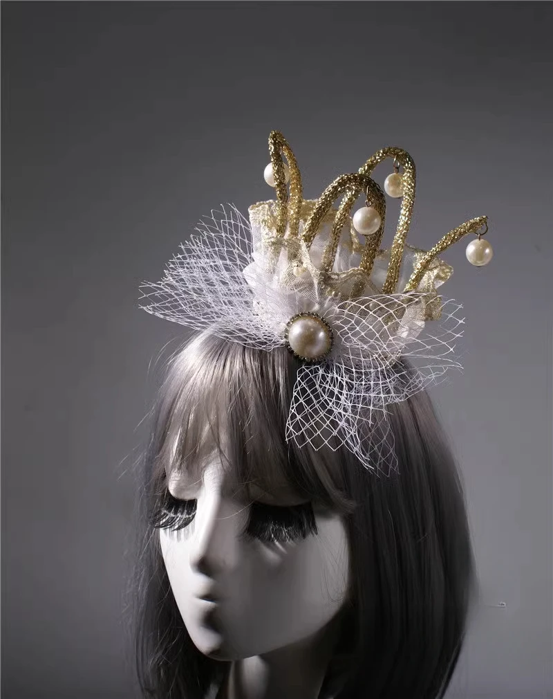 Golden round three-dimensional crown hair accessories mesh bow pearl photo shooting building crown headgear shape