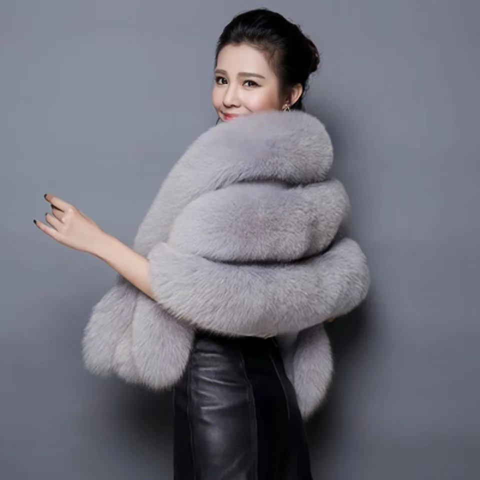 New Autumn Women Open Stitch Solid Color Shawls with Faux Fox Fur Flocking Short Cape Female Winter Pashmina Wraps