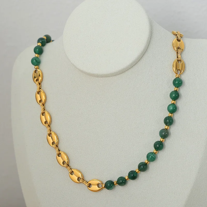 Stainless Steel Natural Stone Agate 18k Gold Plated Titanium Steel Emerald Beaded Necklace for Women Jewelry Wholesale 2024 New