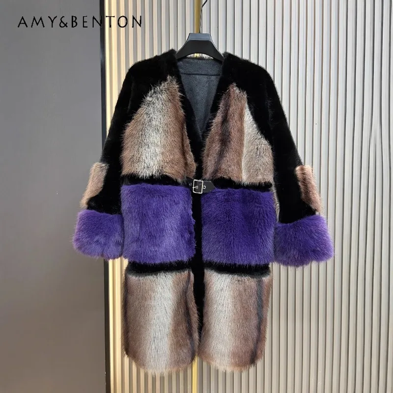 Warm Comfortable Long Thickened Faux Fur One-Piece Mink Furry Clothes Woolen Coat Winter Fashion Belt Button Jacket For Ladies