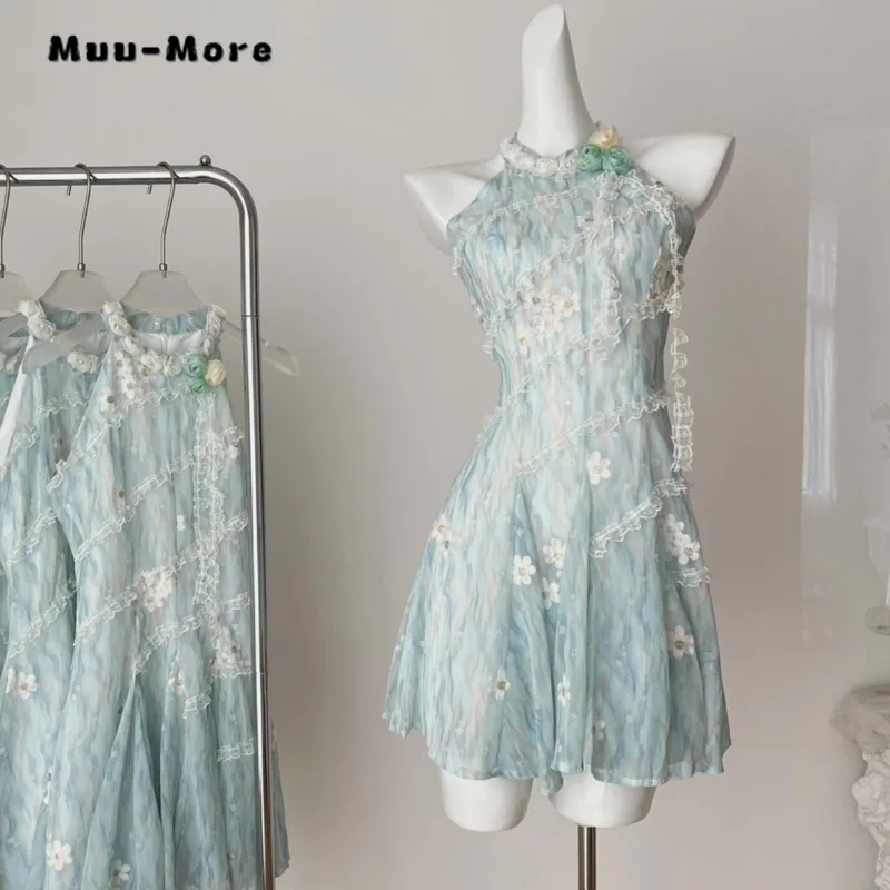 

Women Elegant Fairy Sleeveless 3D Flower Round Neck Dresses 2025 Summer Lady Chic Floral Print Chiffon Thin Camisole Dress