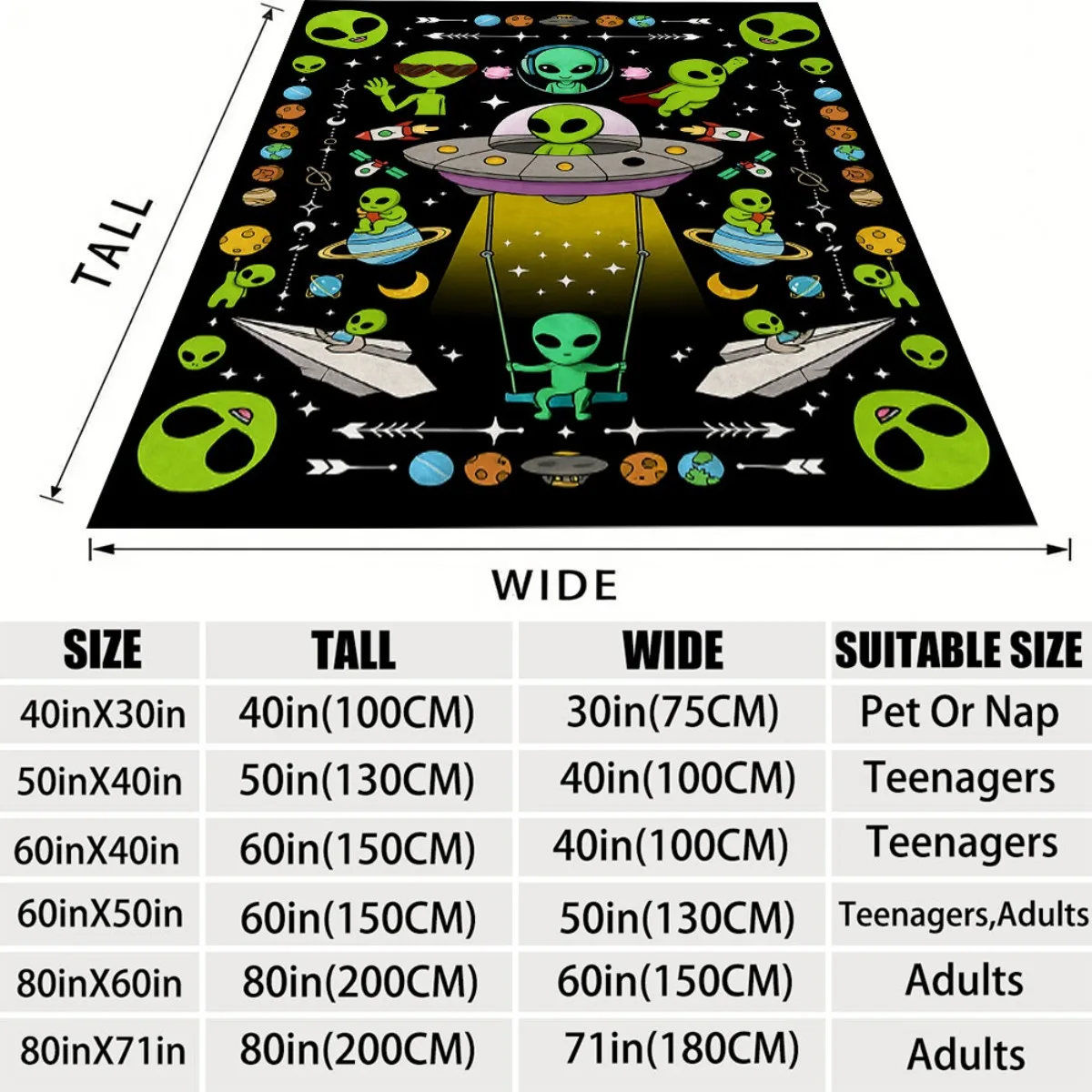 1pc Alien-Themed Blanket Cozy And Warm, Black with Colorful Alien And Space Design, Perfect Gift for Men, Bed, Or Sofa, Machine