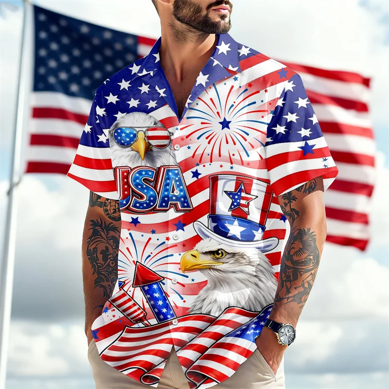 Personalized America Independence Day Hawaiian Women Men's Shirts Eagle Flag Firework Print Vacation Beach Casual Tops Clothes