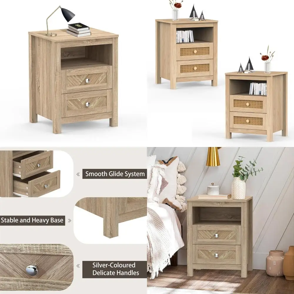 

Wooden 2-Drawer Farmhouse Nightstand, Storage Side Table with Shelf, Bedroom End Table for Nightstands and Organization