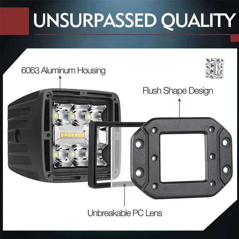 5 Inch Flush Mount LED Pods Lights 48W 4000LM 6000LM Spot Flood Combo LED Light Bar Offroad Driving Fog Light LED Work Light 1Pc