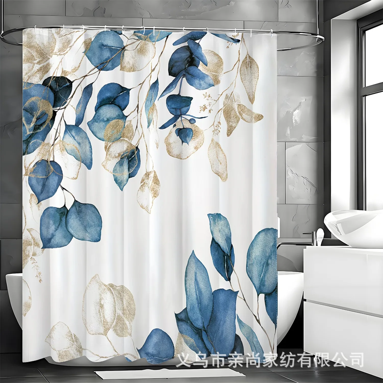 

Blue Eucalyptus Leaf Shower Curtain Machine Washable All Season Waterproof Privacy Protection Modern Design Elegant 12 hooks