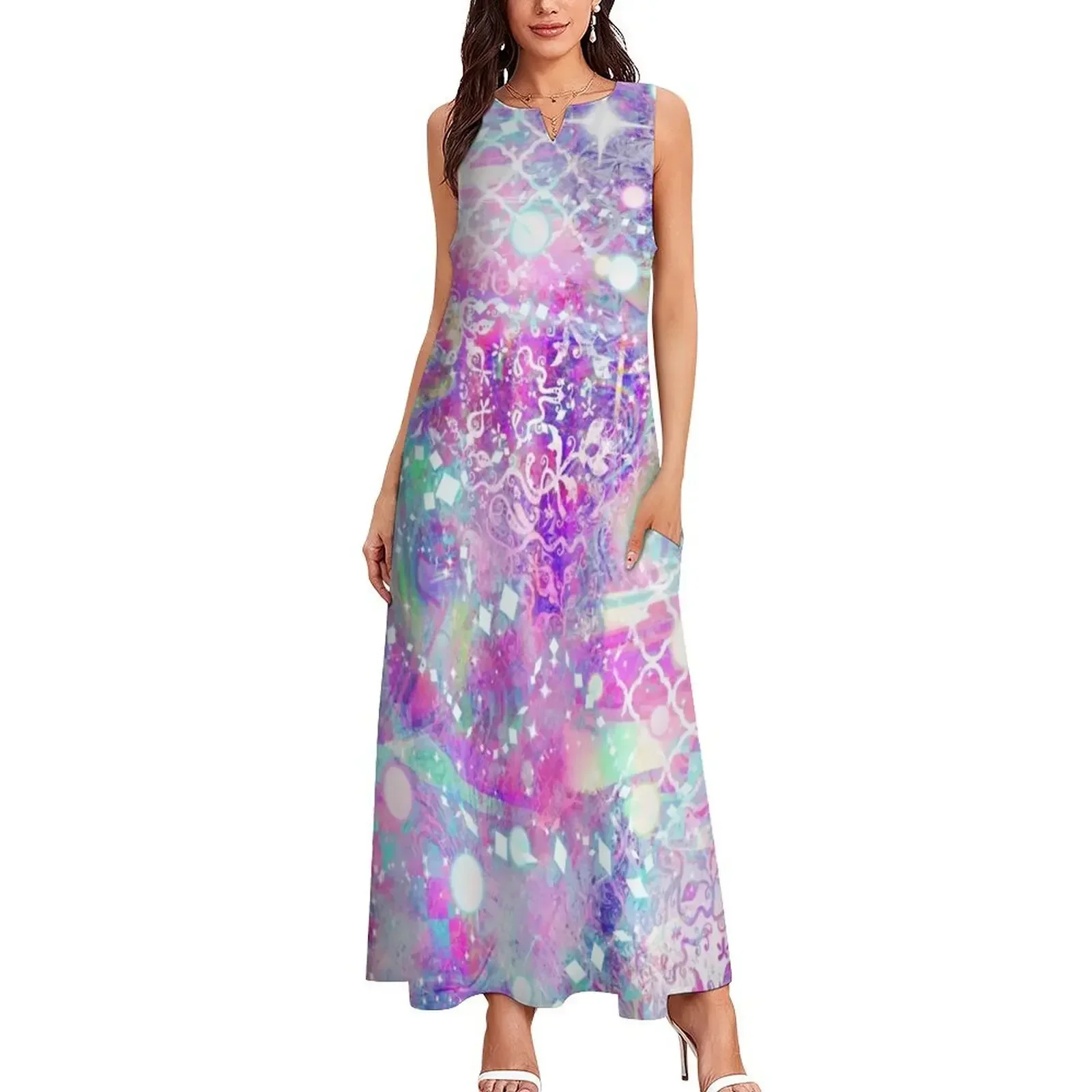 ชุดเดรสยาวสีชมพูวิ้งๆ แบบโฮโลแกรม ชุดเดรสวันเกิด ชุดเดรสออกงาน ชุดชายหาดสำหรับผู้หญิง ชุดเดรสฤดูร้อนสำหรับผู้หญิง