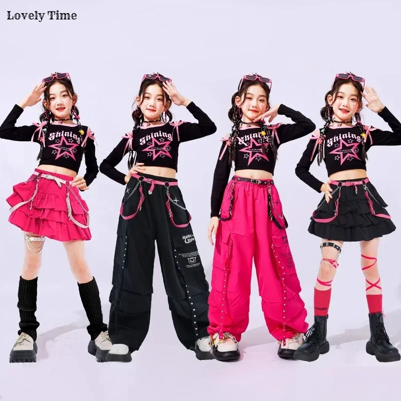 Hip Hop Girls K-pop Off Shoulder Crop Top Cargo Pants Kids Streetwear Skirts Jazz Costumes Child Sweet Street Dance Clothes Sets