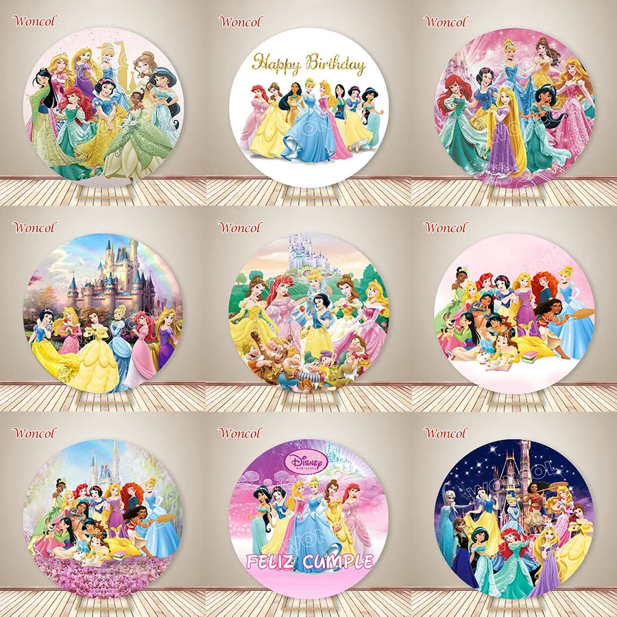 Disney Princess Birthday Circle Cover Custom Disney Princess Round Cover Snow White Belle Rapunzel Aurora Cinderella Backdrop