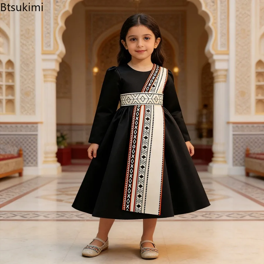 

Kids Muslim Dresses Girls Abaya Middle East Ramadan Long Sleeve Prayer Gown Dubai Arabic Robe Casual Kaftan Child Princess Dress