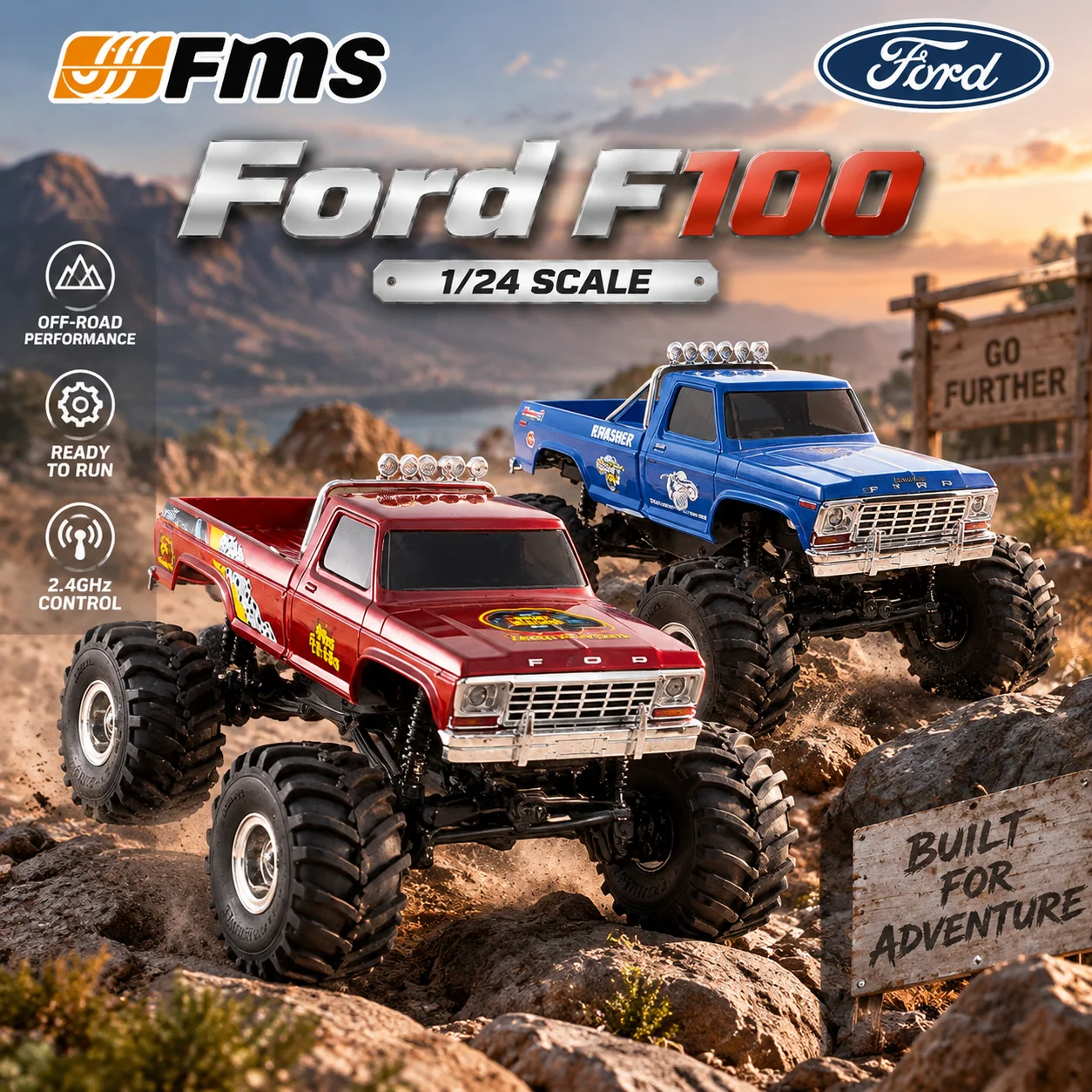 FMS New 1/24 Ford F100 RC Car Magnetic Shell Simulation Pickup Off Road Climbing Remote Control Vehicle Model For Hobby Toy