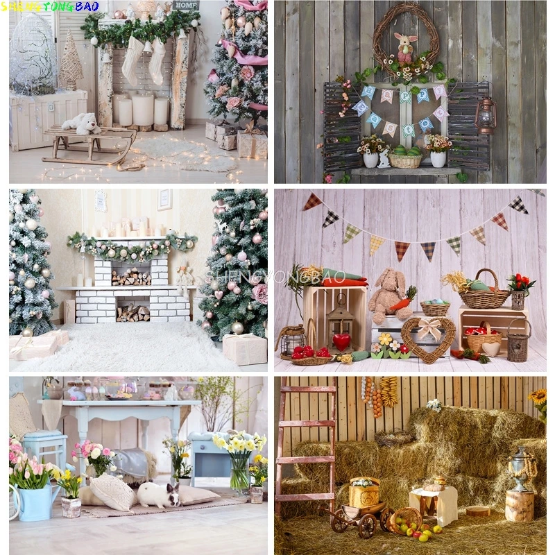 SHENGYONGBAO Spring Easter Photography Backdrop Rabbit Flowers Eggs Wood Board Photo Background Studio Props 2021318FH-56