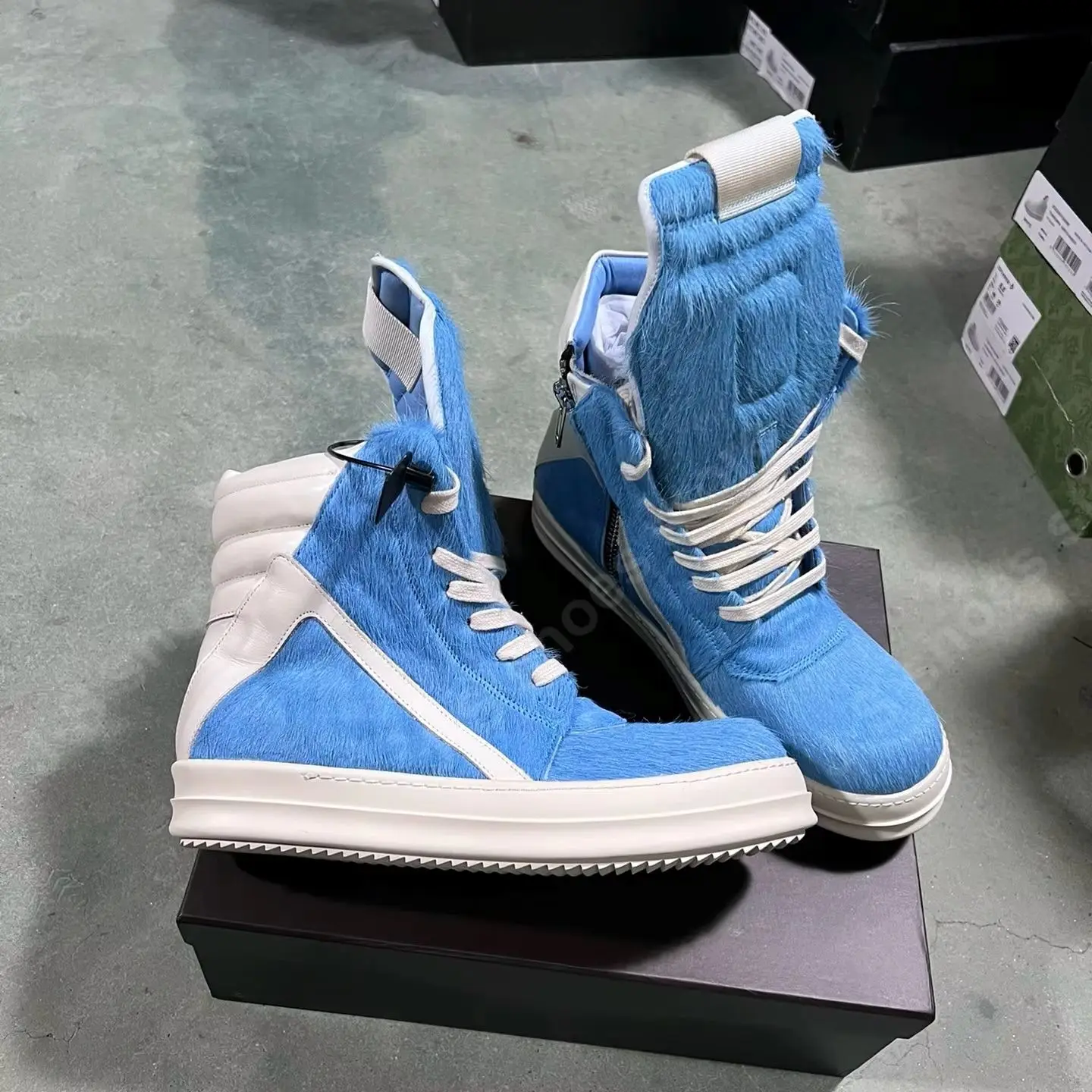 Ricks Shoes Men Horse Hair Boot High Top Shoes Women Sneaker Owens Casual Shoes Men Shoe Zipper Blue Horsehair Flat Ankle Boots