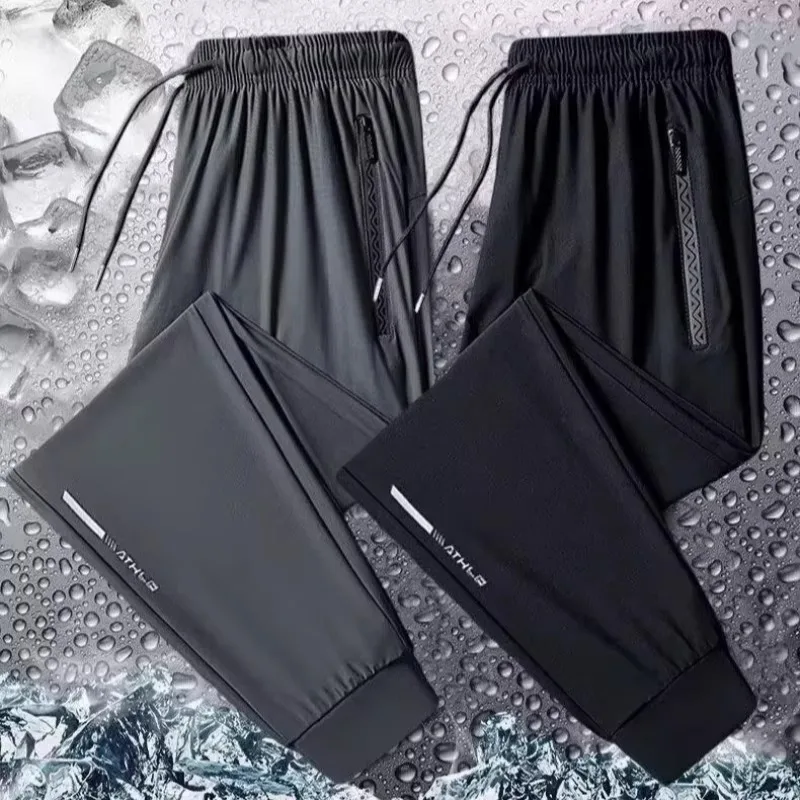 بنطلون رياضي رجالي فضفاض من الحرير الجليدي، سريع الجفاف، خفيف، طويل، غير رسمي، مناسب للعمل، مقاوم للأوساخ، مستقيم الساقين