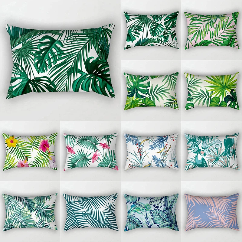 Green leaf plant polyester cushion cover rectangular pillowcase printed sofa  bedroom home decoration