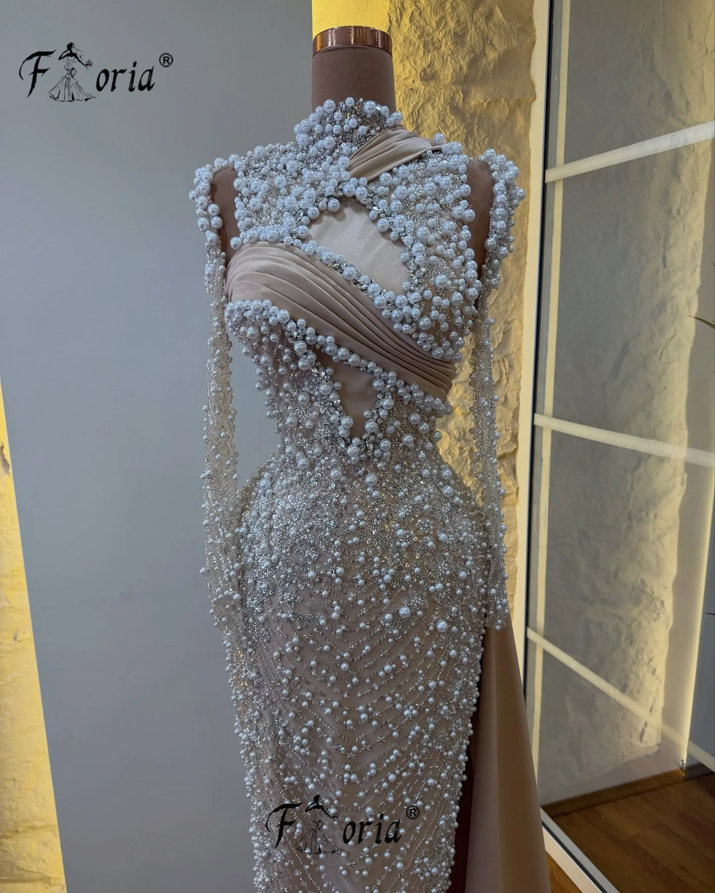 فستان أنيق للحفلات لؤلؤي كامل مطرز ثوب مسائي رسمي كوتور شامبانيا مخصص حفل رداء طويل soirées Elegante 2025