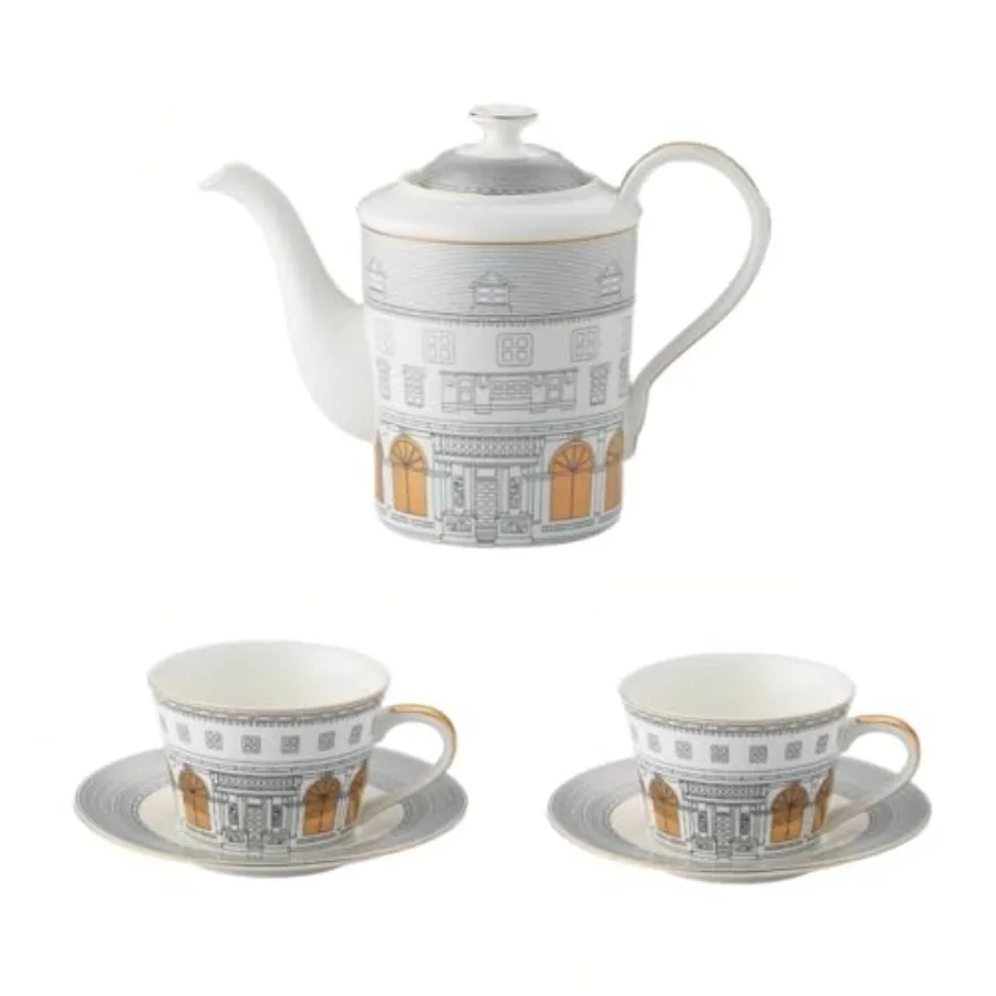 

Personalized Architectural Ceramic Tea Cup and Saucer Set5-piece gift box set with 1 pot 2 cups and 2 plates