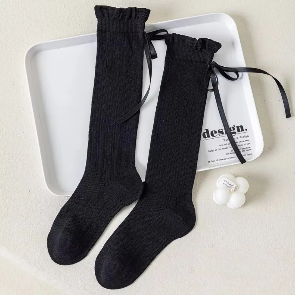 1 Pair Bow Design Mesh Kids Long Socks Solid Color Thin Children's Calf Sock Long Length Soft Baby Girl Socks Spring Summer