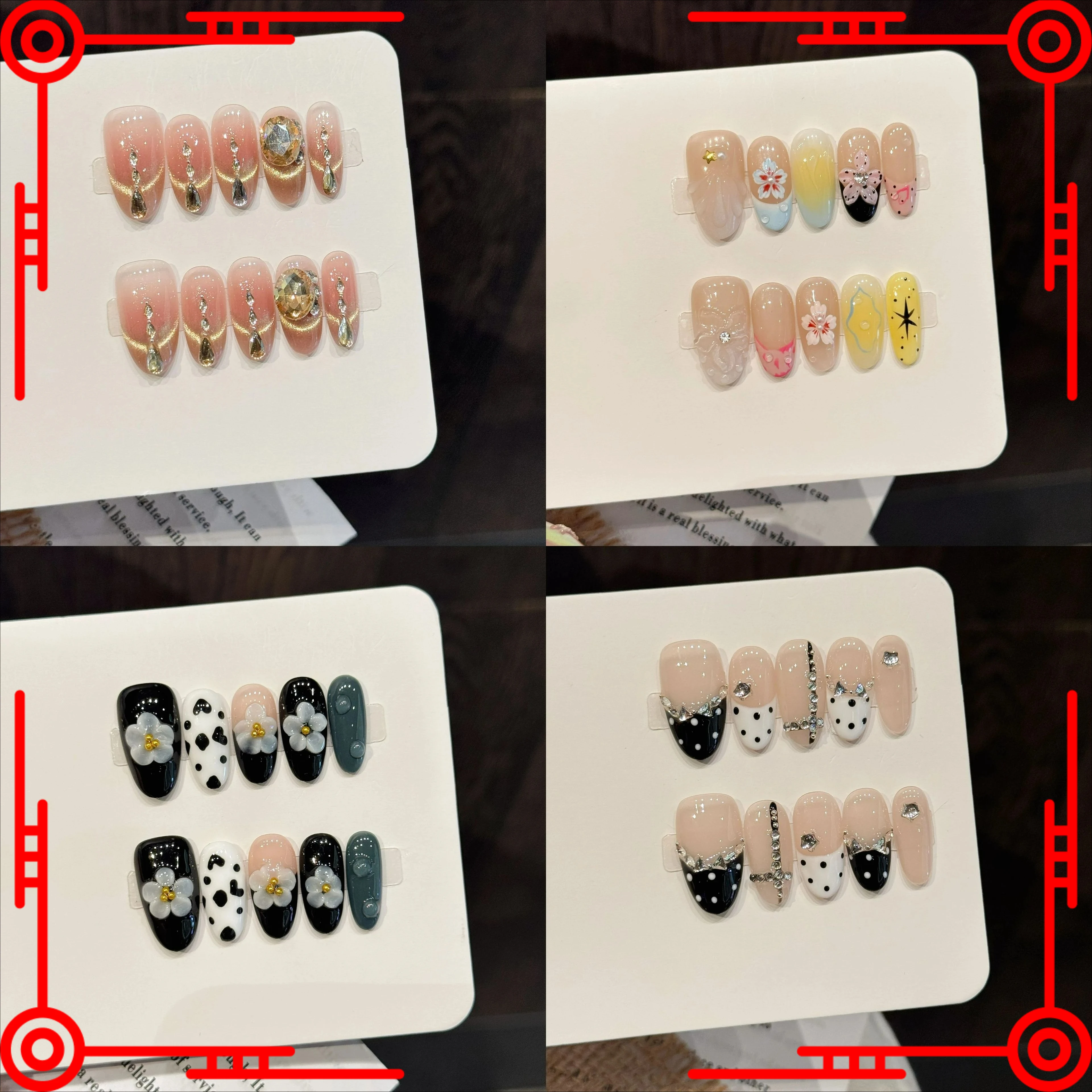 10pcs Handmade Fake Nails Middle Oval Press On Nails False Nails Broken Diamonds, Carved Flowers, Different Styles and Designs