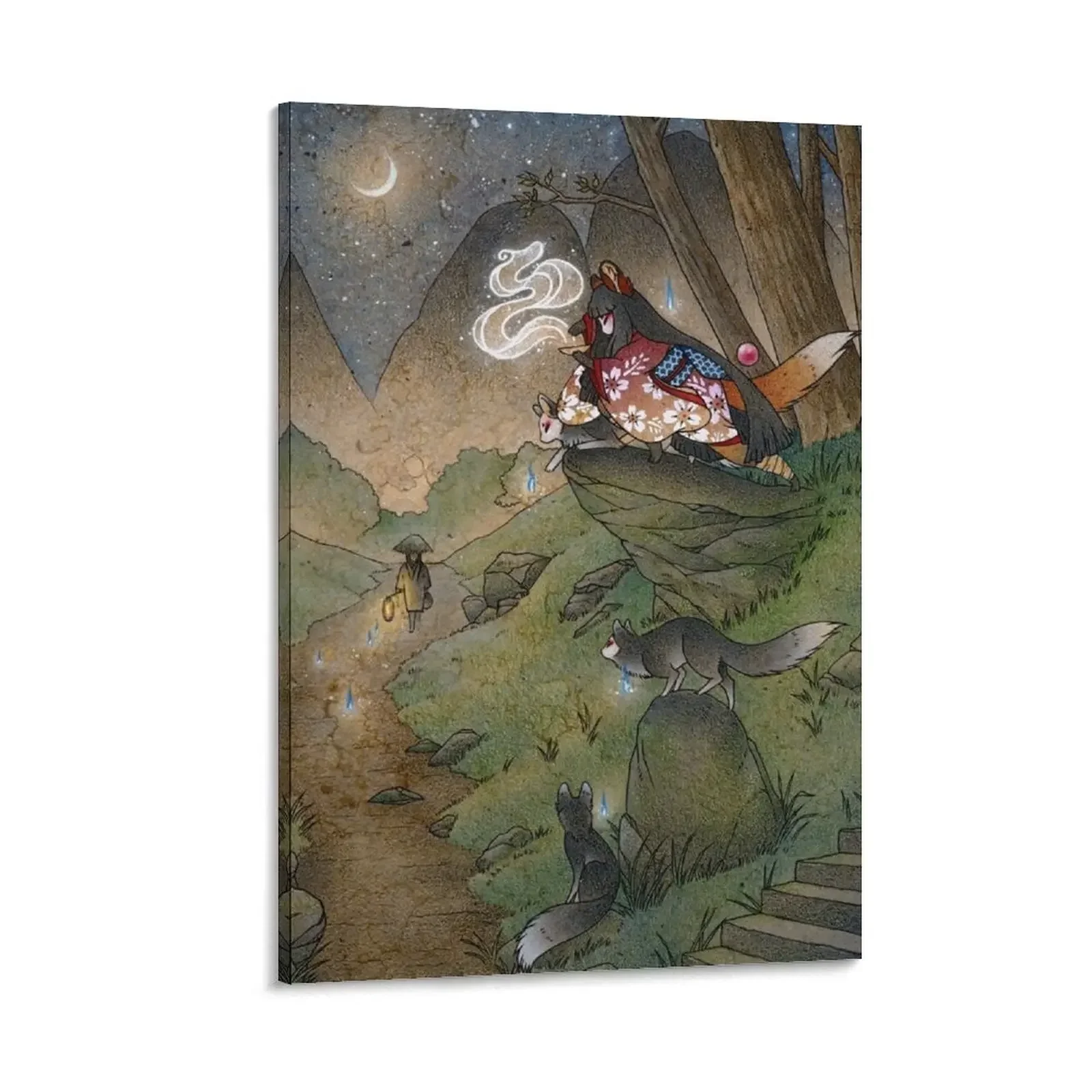 

Okina's Illusion - Kitsune Yokai TeaKitsune Canvas Painting aesthetic room wall frame for living room decorations for the room