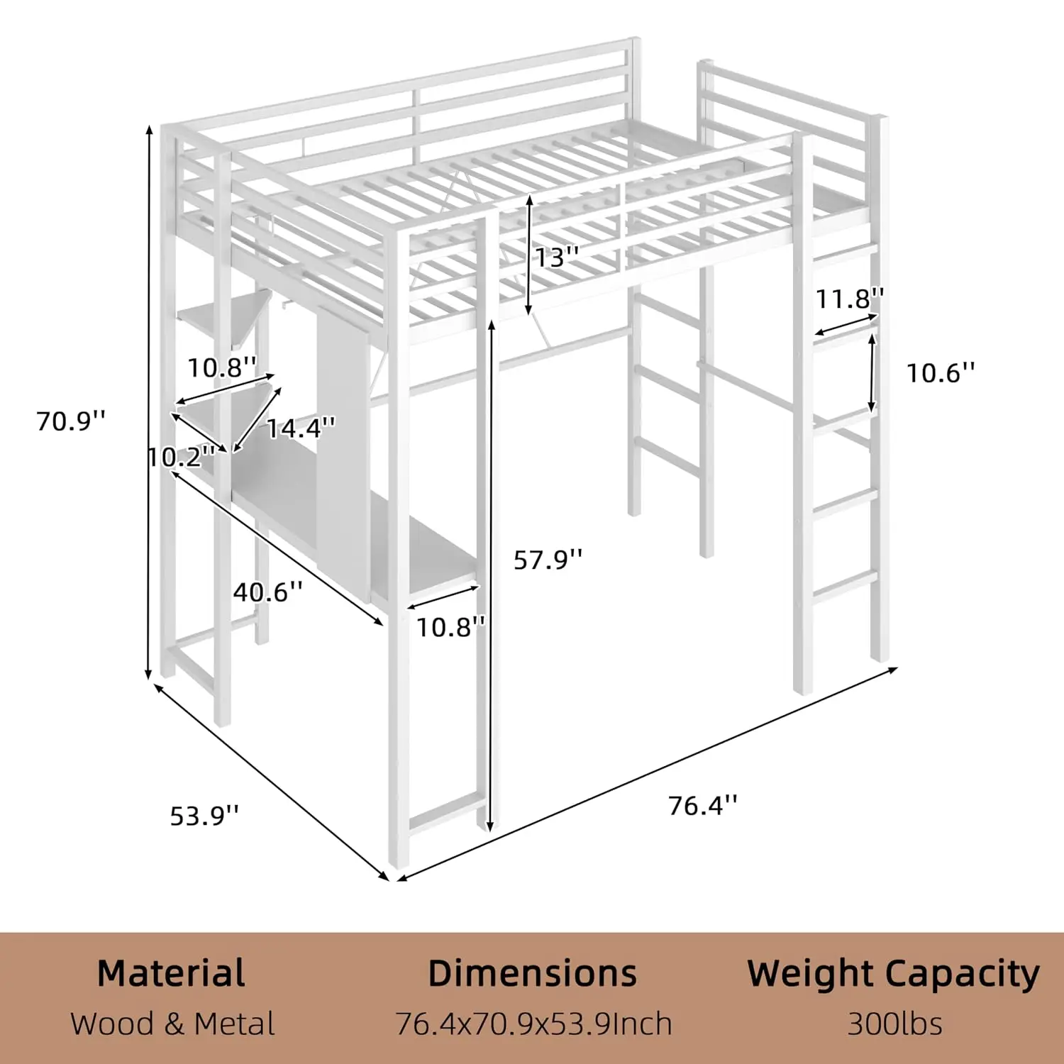 Full Size Loft Bed with Desk & Shelves, 13