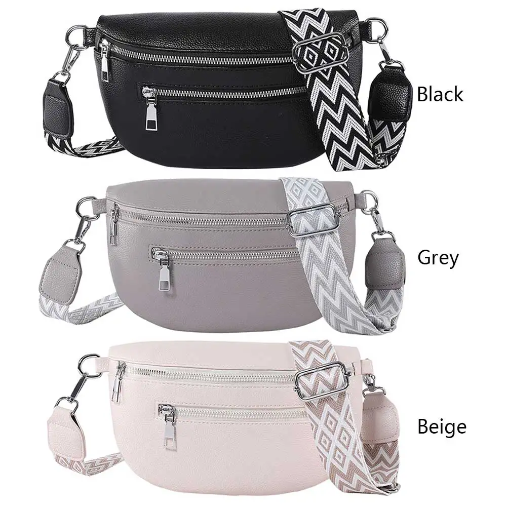 Women Stylish Crossbody Bag with Wide Strap Simple Shoulder Bag Multi-pocket Casual Bum Bag Travel Outdoor Bag